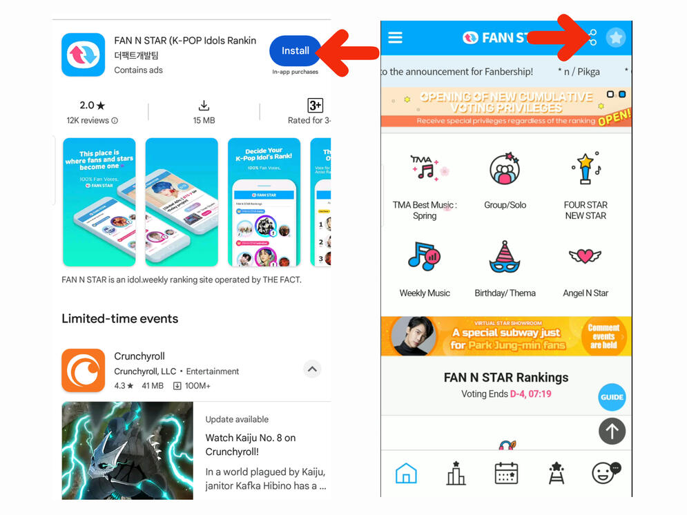 (1) Download Fan N Star application on your phone. (2) Then open the app, to create an account, click the star icon on the upper right corner of the page. Just close all the pop ups on your screen.
