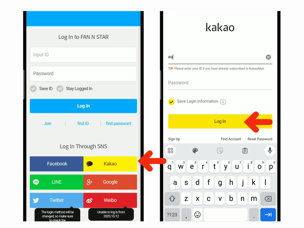 (3) Choose how to sign-up thru your SNS, for this example, let's use Kakaotalk. (4) Log-in your Facebook, gmail, twitter or kakaotalk.