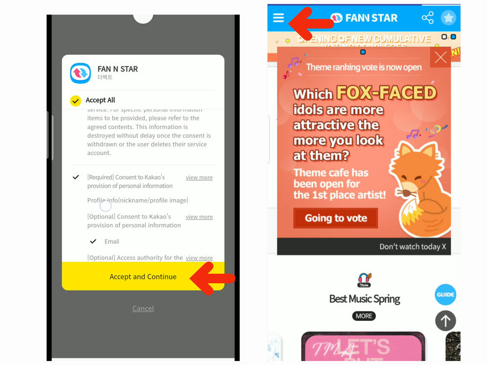 (5) Click &#39;Accept All&#39; and press &#39;Accept and Continue&#39;. And you&#39;re done! If incase that you&#39;re still not logged in, just repeat the process or use another SNS account. (6) How to change language, press 3 bars on the upper left of the page.