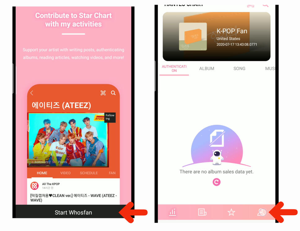 (3) Click 'Start Whosfan' to continue. (4) To create an account, go to profile icon on the lower right corner of the page.