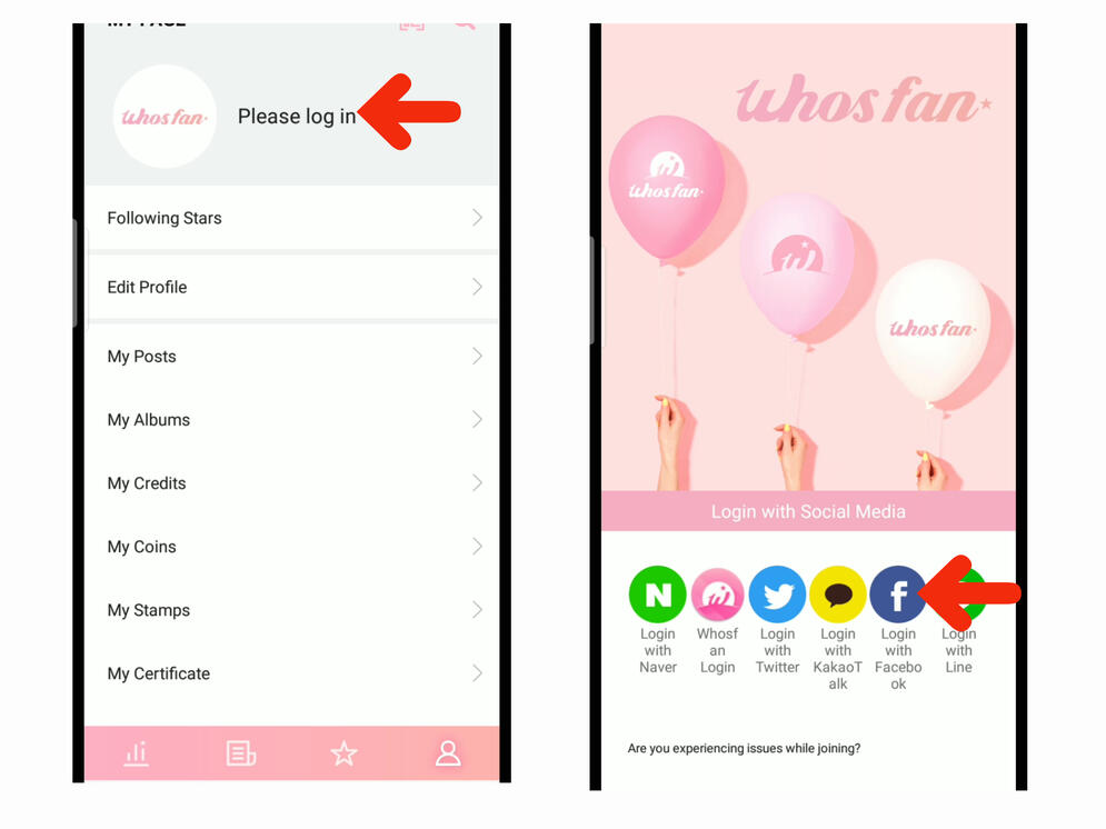 (5) Click 'Please log-in'. (6) Choose how to sign up using your SNS. For this tutorial, let's use Facebook.