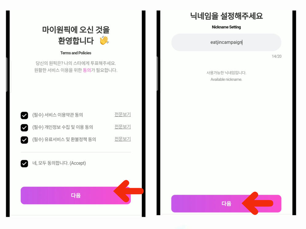 (5) Click all check boxes and press the purple button. (6) Enter your desired username and press the purple button below.