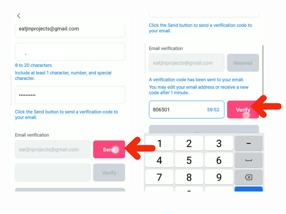 (7) Use any gmail or email accounts and create password. Then click 'Send' button. (8) Get your code from the email that you used, enter it on the code field and hit 'Verify'.