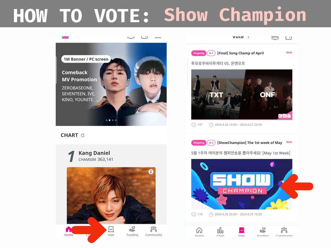 (1) Go to 'Vote' tab. (2) Look for Show Champion poll if Jin is nominated, click it.