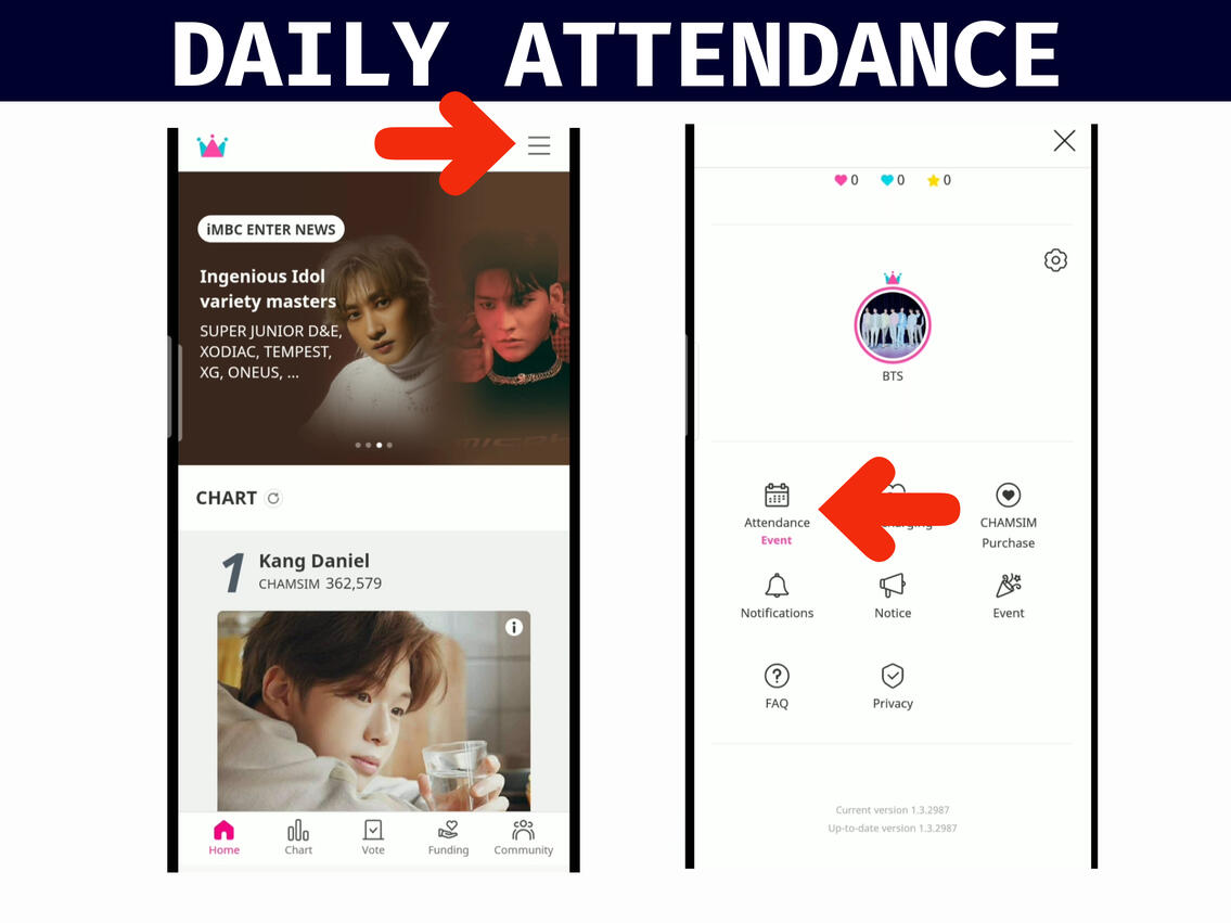 π (1) Click 3 bars on the upper right corner of the page. (2) Scroll down until you see 'Attendance.'