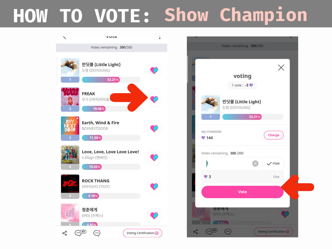 (3) Click the heart icon on the right side. (4) Enter the number votes you wanna drop and hit 'Vote.'