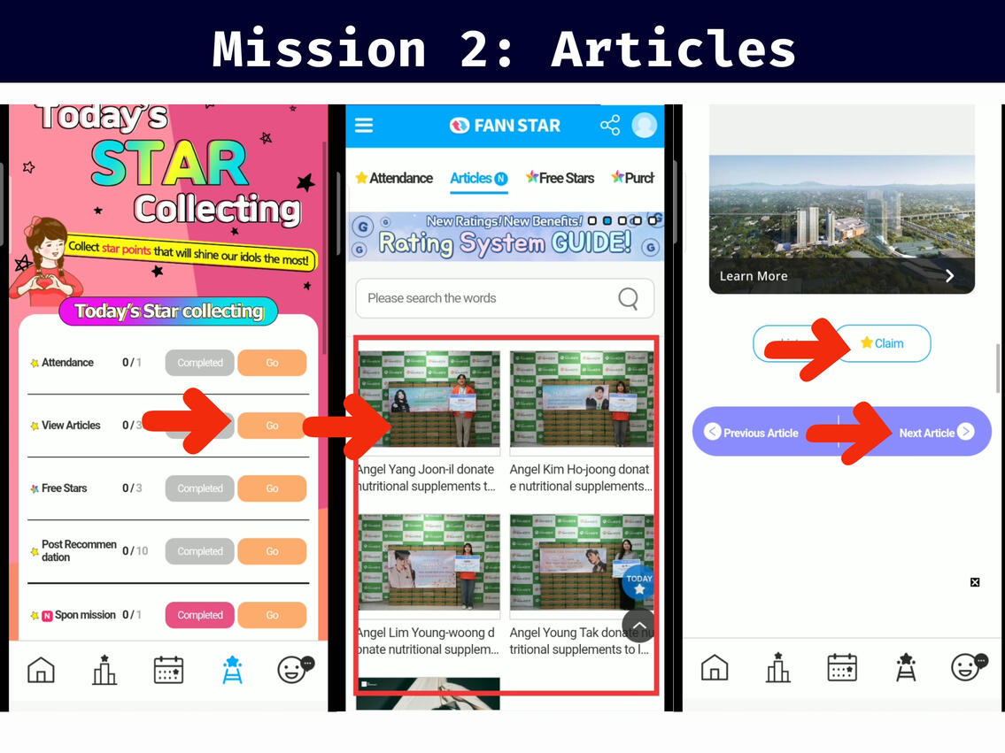 (1) Click &#39;Go&#39; button from the mission board. (2) Click to open 1st article. (3) Scroll down until you see the &#39;⭐ Claim&#39; button, press it. Then click &#39;Next&#39; to react to other articles, you need 30 articles to complete the mission.