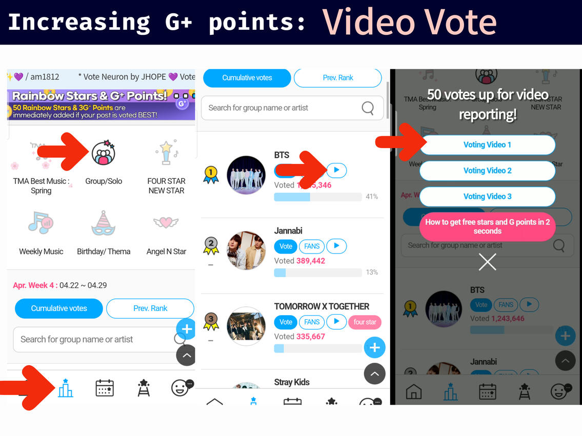 (1) Click the 'Building' icon on the lower part of the page and select category. (2) Look for BTS or Jin and press the 'Play' button. (3) Watch any video on the list. You only need to watch 2 videos to increase your G+. You can watch every 10 minutes.