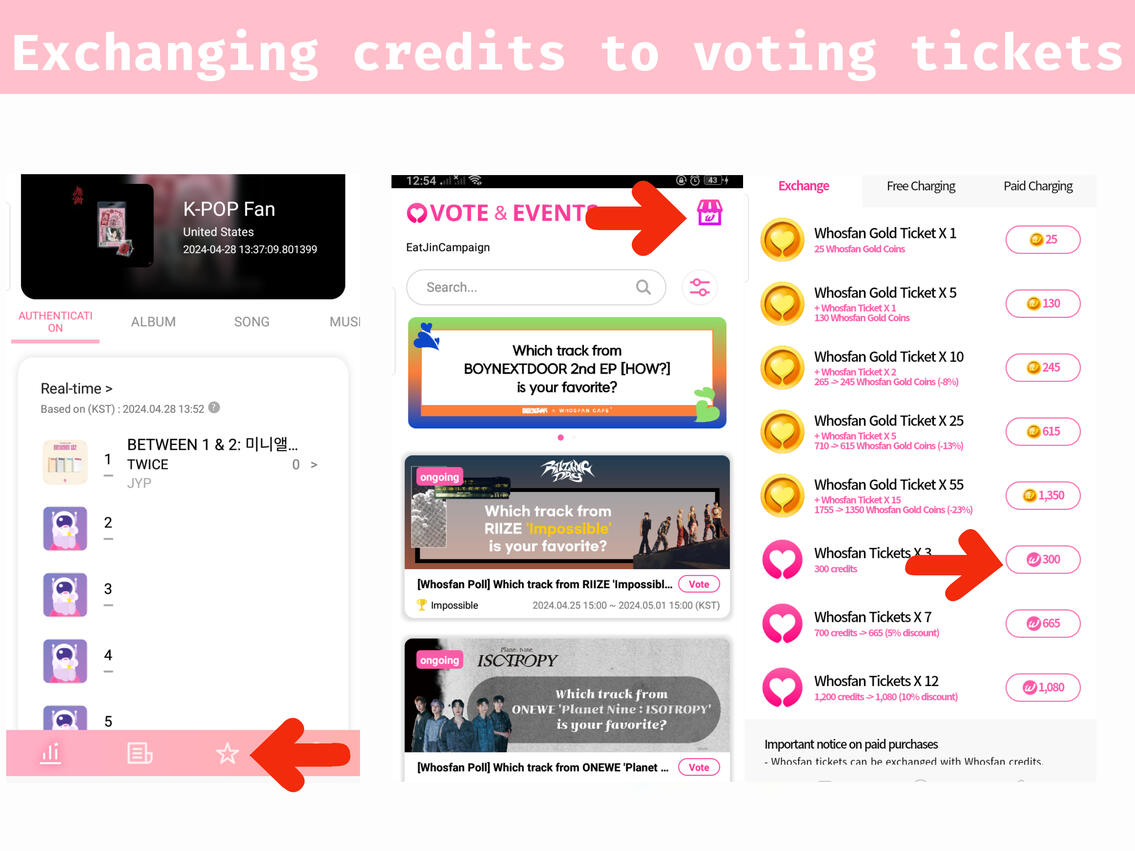 (1) Tap ⭐ on the lower part of the page. (2) Press &#39;Shop&#39; icon on the upper right corner of the page. (3) Go to &#39;Exchange&#39; tab, scroll down and tap the amount of credits you wanted to exchange.